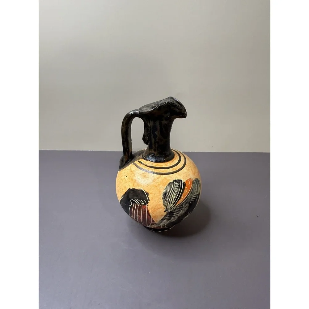 Three Orange Miniature hand painted Ancient Greek Vases measuring 3 1/2 -4